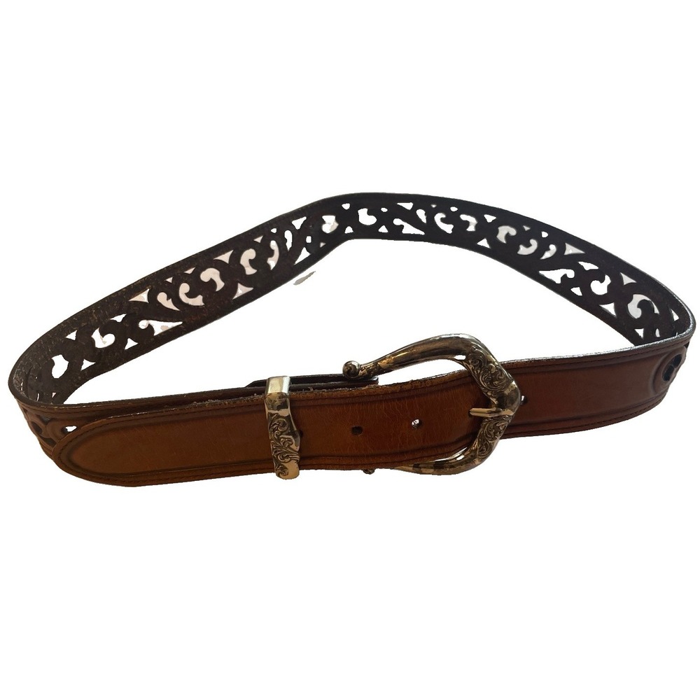 Brighton Brown Leather Cutout Scroll Belt Silver Engraved Buckle Women's ML 32